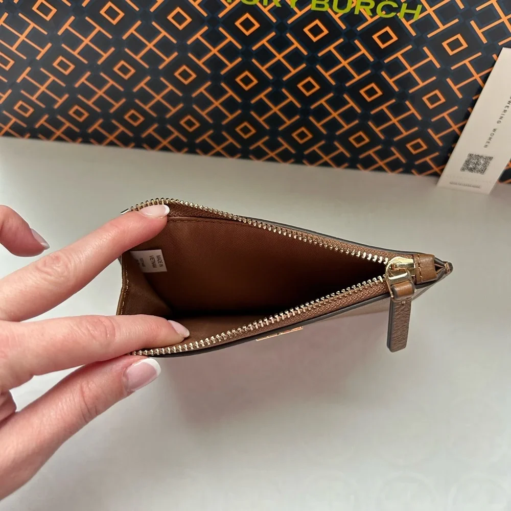 Tory Burch Britten Zip Card Case Card Wallet Moose Gold Tan Brown